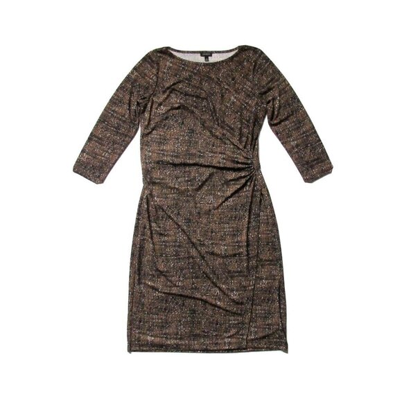 Talbots Petites City Jersey in Brown Black Tweed Print Ruched Jersey Dress PP XS - Picture 1 of 6